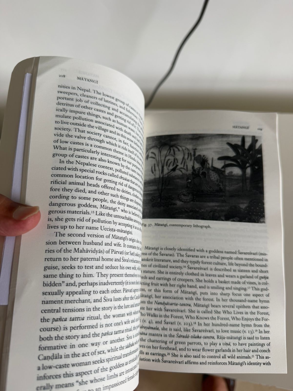Open pages of the book showing a lithograph of the goddess Matangi in the forest