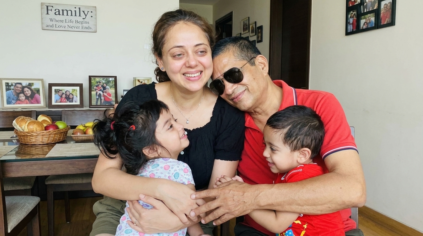 Khushboo Sachdev with her husband Kunwer Sachdev and their twins Advait and Swastika at home